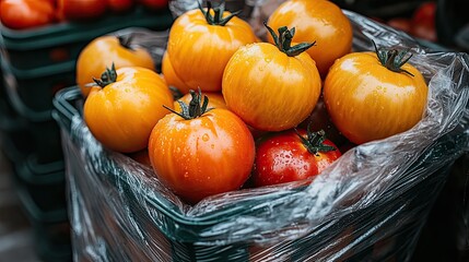 Yellow tomatoes market crate, fresh produce, farm