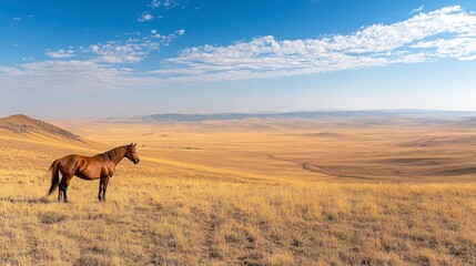 Majestic Brown Horse on Vast Golden Prairie  Sunny Day Landscape