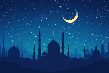 Starry night silhouette of Arabian city mosque
