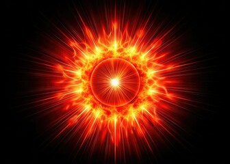 High-resolution PNG sticker: surreal red sunburst, fiery mystic rays, glowing abstract background. Digital art.