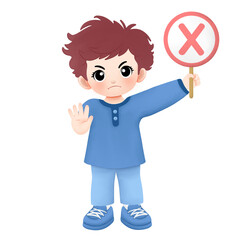 Kid carrying cross sign with stop or no hand gesture watercolor illustration
