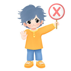 Kid carrying cross sign with stop or no hand gesture watercolor illustration