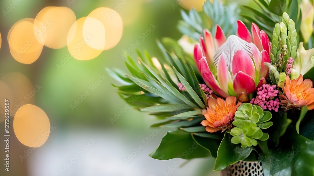Poster Vibrant Flower Bouquet with Tropical Elements and Soft Bokeh Background : Generative AI