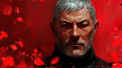 Obraz premium Dramatic Portrait Grizzled Man Red Background Intense Gaze Artistic Painting