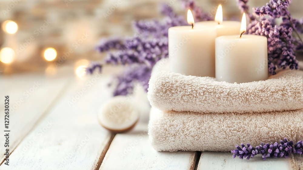 Aufkleber soothing lavender candles and towels for a relaxing spa experience : generative ai
