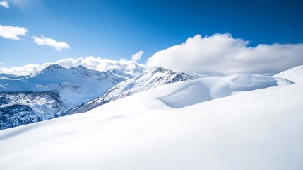 Stunning Winter Landscape Showcasing Snow Covered Mountains Under Clear Blue Sky : Generative AI
