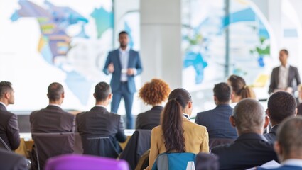 Obraz premium Speaker presenting at business presentation convention. Coaching, education workshop, lecture in seminar hall, convention center concept