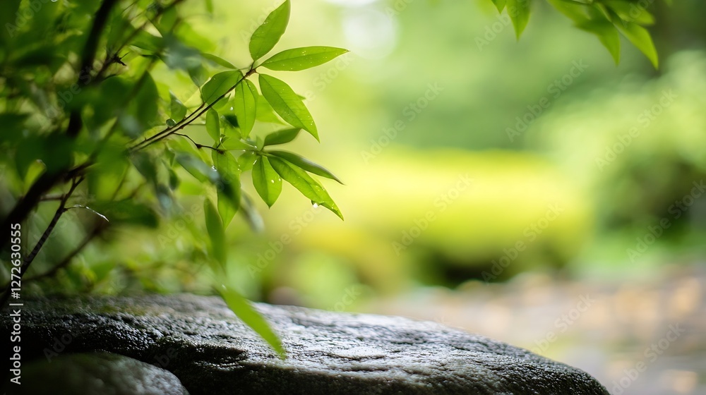 Aufkleber lush green leaves with soft focus in nature scene creating a serene atmosphere : generative ai