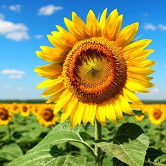Obraz premium Vibrant sunflower blooming under a clear blue sky in a vast field of sunflowers