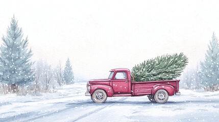 Vintage Truck Carrying Christmas Tree in Snowy Landscape
