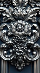 Ornate Silver Metal Design On Dark Blue Panel