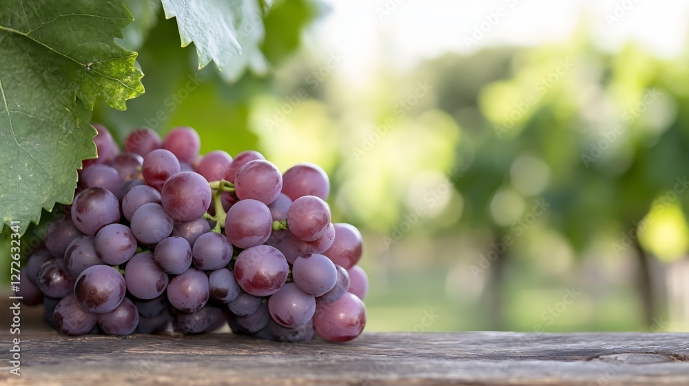 Aufkleber fresh plump red grapes on wooden surface with blurred vineyard background : generative ai
