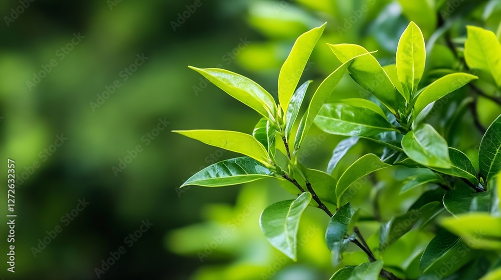 Poster Close Up View of Vibrant Green Leaves on a Natural Branch with a Soft Background : Generative AI