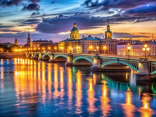 Obraz premium St. Petersburg Night: Illuminated Neva River Bridge & Landmarks