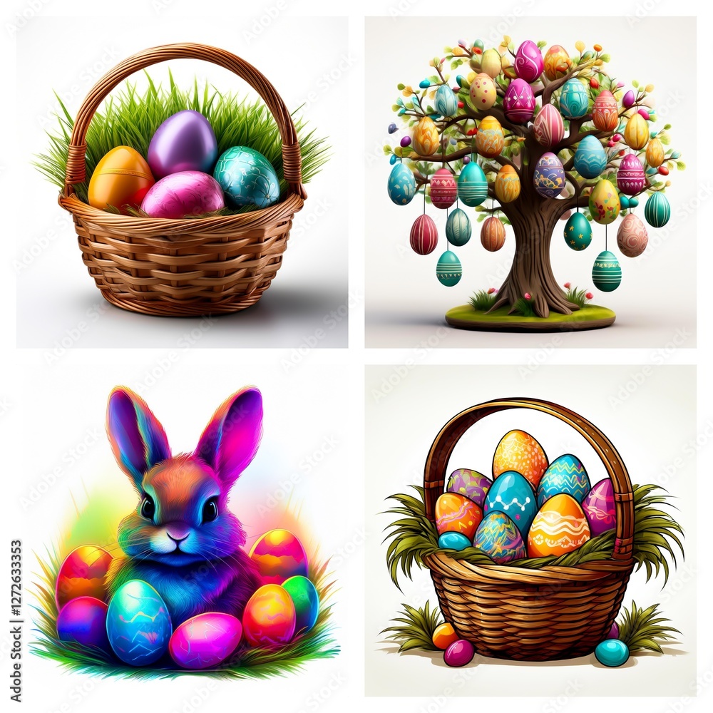 Poster four images showcase easter themes. baskets brimming with colorful eggs, a tree adorned with eggs, a