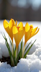 Naklejka premium Three Bright Yellow Crocus Flowers Blooming in White Snow on a Sunny Day
