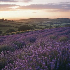 Naklejka premium Breathtaking Lavender Fields Under a Vibrant Sunset Sky in the Countryside, Capturing Nature's Beauty and Tranquility in Full Bloom with Rolling Hills