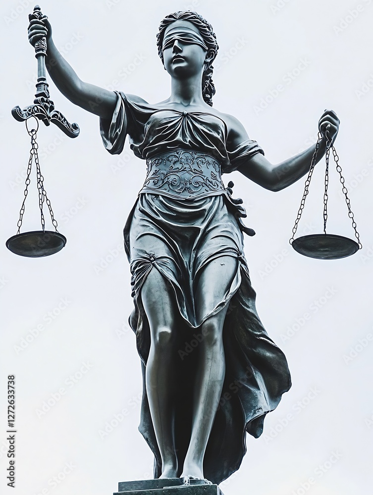 Poster statue of lady justice holding scales symbolizing law and fairness in a public setting : generative 
