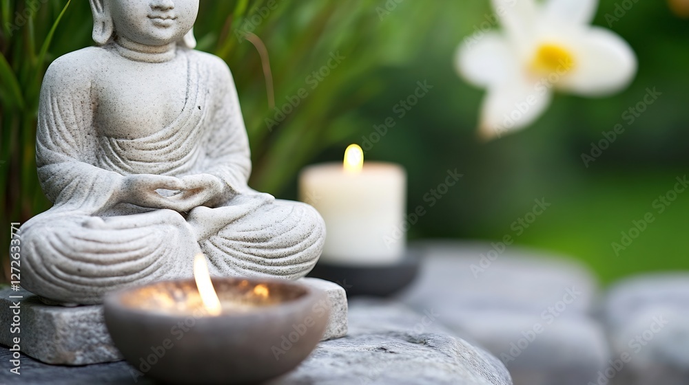 Poster serene buddha statue with candles and flower creating tranquil garden ambiance : generative ai