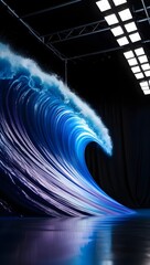 A giant wave installation with vibrant blue hues stands dramatically against a dark backdrop, creating a striking contrast. The reflective floor enhances the illusion of water