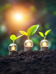 Innovative Idea of Green Plants Growing in Light Bulbs Representing Sustainability and Nature : Generative AI