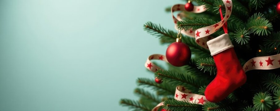 White star-patterned ribbons wrapped around the branches of a fir tree featuring hungred red Christmas stockings, ornaments, evergreen, holiday