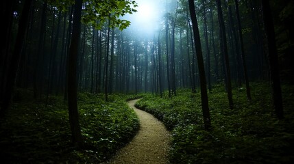 Fototapeta premium Mysterious Foggy Forest Path Dark Woods Winding Trail Eerie Halloween Scene