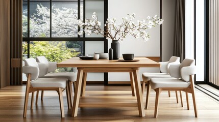 Obraz premium Japandi-style dining room with a low wooden table, neutral fabric chairs, soft lighting, and natural decor on a transparent background, 4K ultra-realistic photo