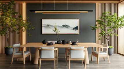 Fototapeta premium Japandi-style dining room with a low wooden table, neutral fabric chairs, soft lighting, and natural decor on a transparent background, 4K ultra-realistic photo