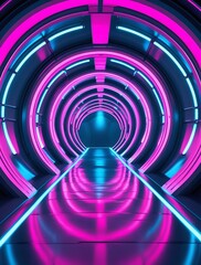 Obraz premium Futuristic neon tunnel with glowing pink and blue lights, sci-fi cyber corridor with reflective floor, abstract digital background, high-tech virtual reality concept, modern innovation