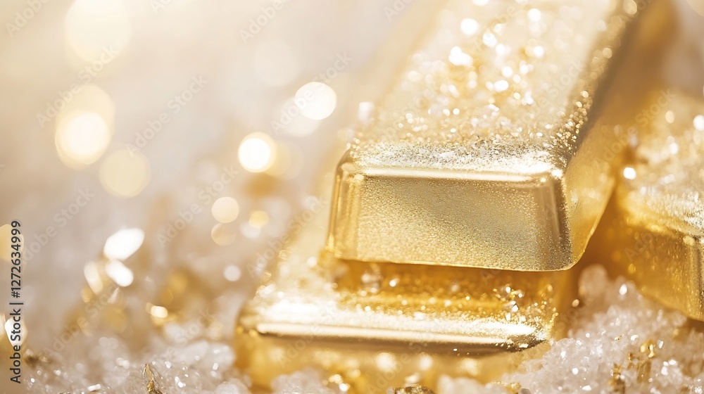 Poster luxury gold bars on a sparkling surface with soft lighting : generative ai