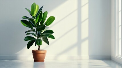 Fototapeta premium Minimal white room with a single rubber plant in a clay pot, clean white walls and polished floor reflecting gentle natural light, 4K ultra-realistic photo