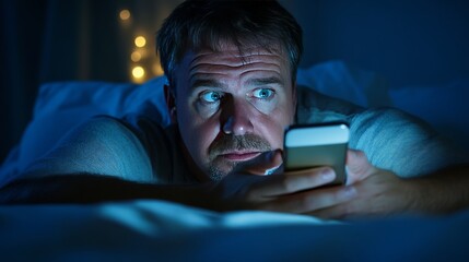 A person using a smartphone at night, struggling to sleep. Featuring technology overuse