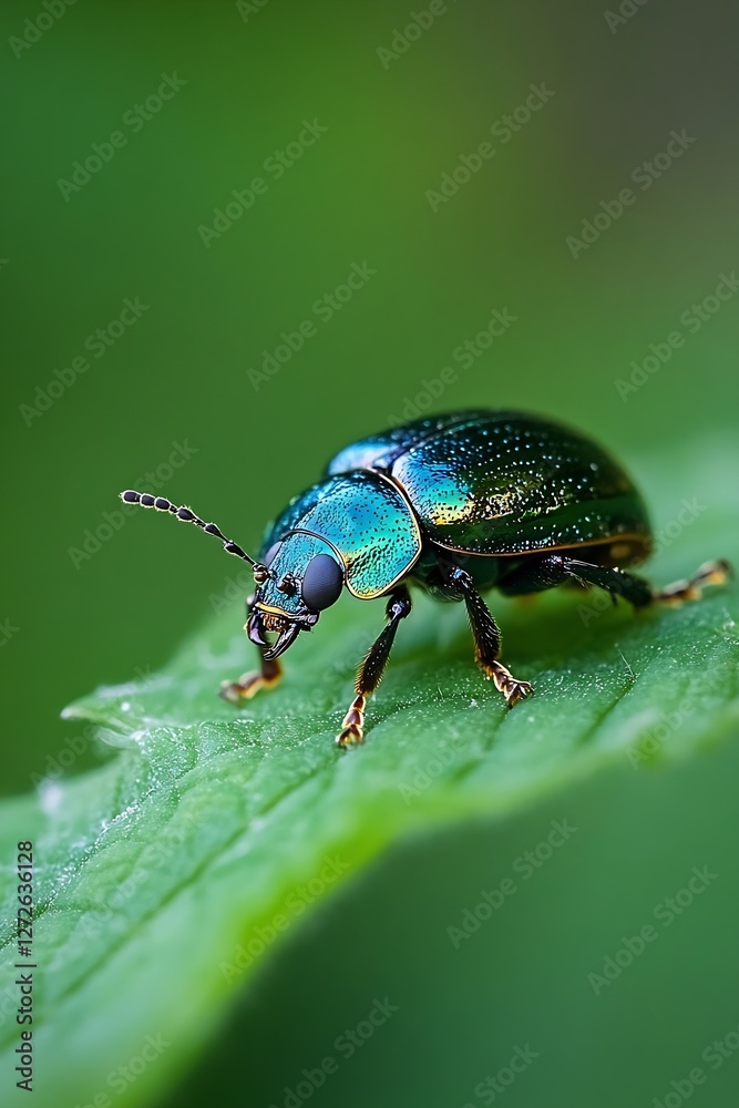 Poster close-up of a stunning iridescent green beetle on a leaf : generative ai