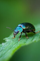 Close-Up of a Stunning Iridescent Green Beetle on a Leaf : Generative AI