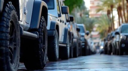 Row of Stylish Vehicles Parked Along a Sunny Street with Palm Trees in the Background : Generative AI