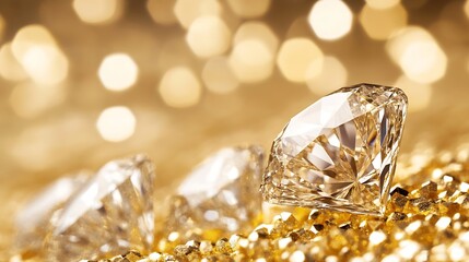 Glistening diamonds scattered on reflective golden surface with a sparkling bokeh effect : Generative AI