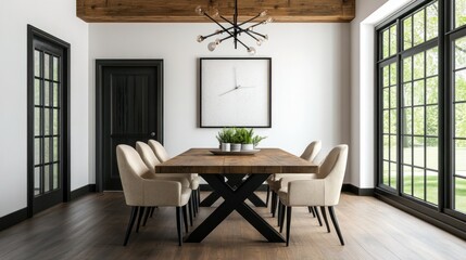 Modern farmhouse dining room with a rustic wood table, upholstered beige chairs, black metal lighting, and warm decor on a transparent background, 4K ultra-realistic photo