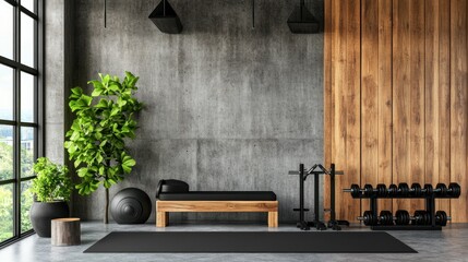 Modern gym mockup with an exposed concrete wall, black gym equipment including treadmills and barbells, wooden decor elements, loft-style design, 4K ultra-realistic photo