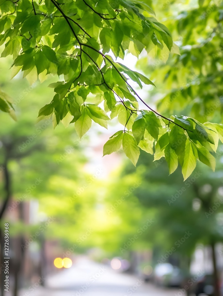 Poster lush green tree leaves overlooking a blurred street in a urban setting during daytime : generative a