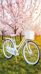 Fototapeta premium White bicycle in blossoming orchard at sunrise