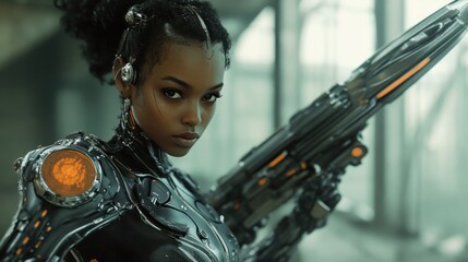 Naklejka premium Cyberpunk Warrior: A Futuristic Female Soldier