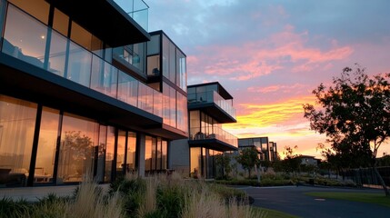 Fototapeta premium Modern Glass Apartments Sunset Luxury Real Estate Cityscape