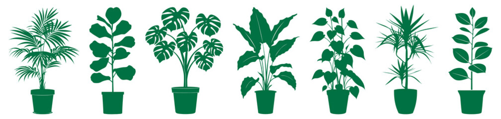 Fototapeta premium PNG Potted green plant silhouettes, element set on transparent background