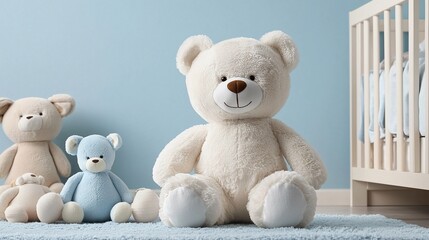 Large plush teddy bear sits on rug in baby's room.