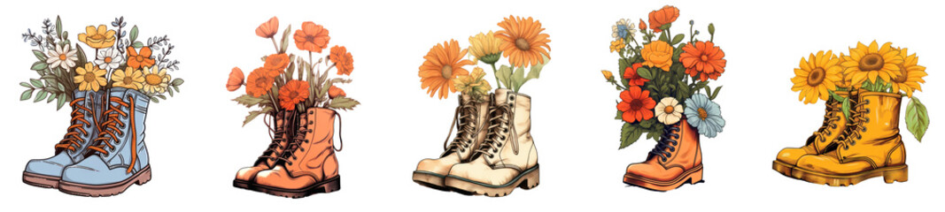 PNG Floral boots vibrant artistic display, element set on transparent background