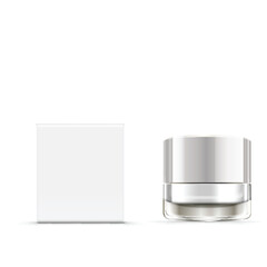 Blank Cosmetic Glass Jar with Silver Lid and Box Mockup. Vector