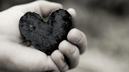 Fototapeta premium Human Hand Holding Unique Black Heart Shape Rock Representing Love and Nature Connection : Generative AI