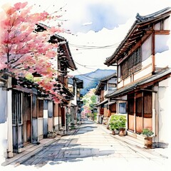 Obraz premium an AI Image Generator, Tranquil Japanese Street with Cherry Blossoms