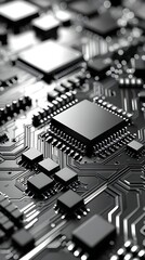 A high-resolution close-up of a black circuit board with multiple microchips, highlighting the intricate design of electronic components. The sleek, modern aesthetic emphasizes the sophistication of s